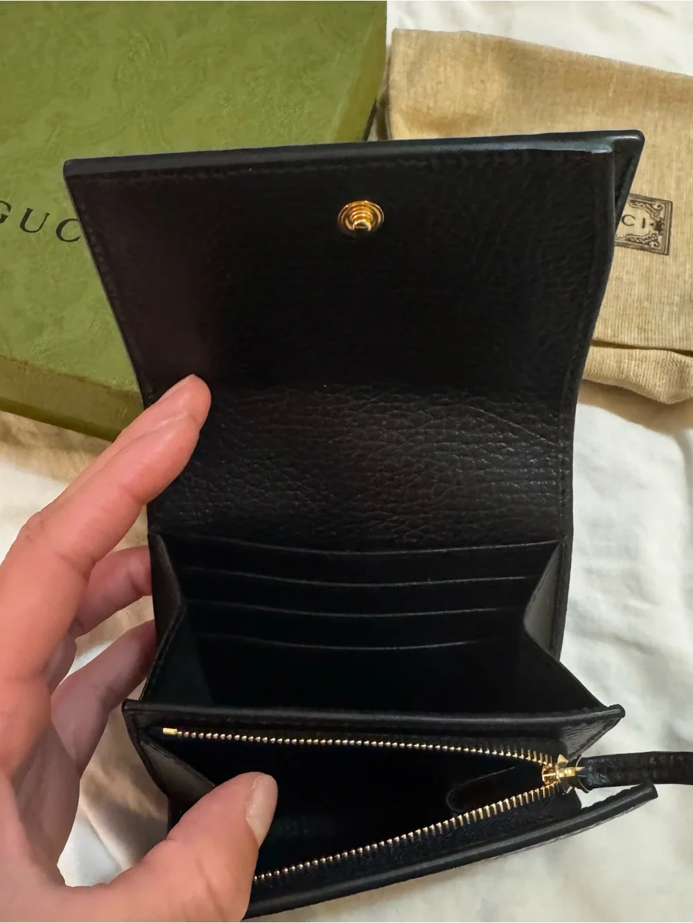Gucci Black Pebbled Leather & GG Canvas Compact Wallet with Gold Hardware - Picture 2 of 9